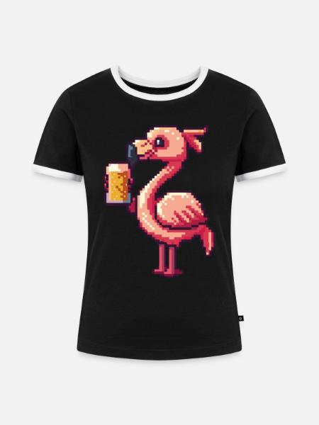 Flamingo Pixel Bier - Frauen Kontrast-T-Shirt - Schwarz/Weiß