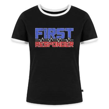 First Responder | Helfer vor Ort | Herzschlag - Frauen Kontrast-T-Shirt - Schwarz/Weiß - Vorne - Selfina (174cm)
