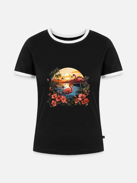 Tropisch - Flamingo - Frauen Kontrast-T-Shirt - Schwarz/Weiß