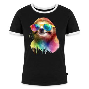 Buntes cooles Faultier mit Sonnenbrille - Frauen Kontrast-T-Shirt - Schwarz/Weiß - Vorne - Selfina (174cm)