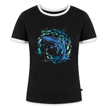 fischschwarm,fische,malerei,graffiti,Hai - Frauen Kontrast-T-Shirt - Schwarz/Weiß - Vorne - Selfina (174cm)