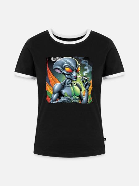 Alien raucht Joint - Frauen Kontrast-T-Shirt - Schwarz/Weiß