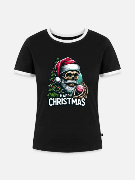 Weihnachtsmann Skull mit Christbaumkugel - Frauen Kontrast-T-Shirt - Schwarz/Weiß