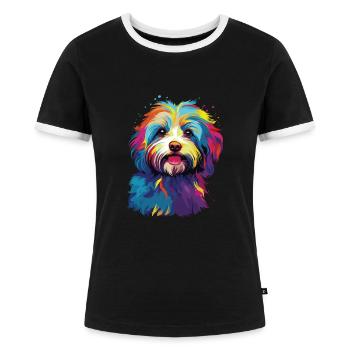 Wasserfarben Farbenfroher Havanese - Frauen Kontrast-T-Shirt - Schwarz/Weiß - Vorne - Selfina (174cm)