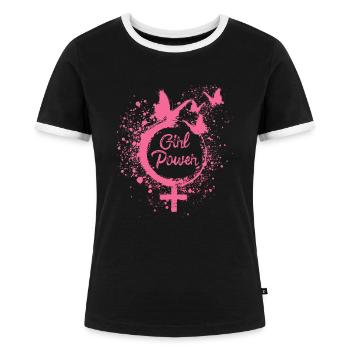 girl power,freiheit,schmetterlinge,frauen,pink - Frauen Kontrast-T-Shirt - Schwarz/Weiß - Vorne - Selfina (174cm)