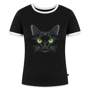 Schwarze Katze Grüne Augen - Frauen Kontrast-T-Shirt - Schwarz/Weiß - Vorne - Selfina (174cm)