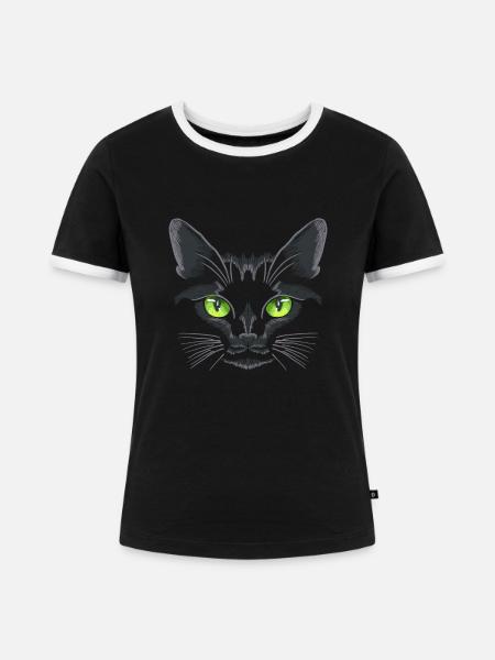 Schwarze Katze Grüne Augen - Frauen Kontrast-T-Shirt - Schwarz/Weiß