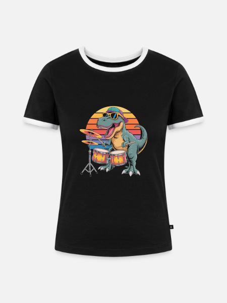 Trex spielt Schlagzeug - Frauen Kontrast-T-Shirt - Schwarz/Weiß