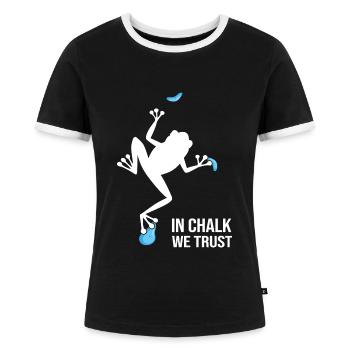 bouldern boulderfelsen boulder IN CHALK WE TRUST - Frauen Kontrast-T-Shirt - Schwarz/Weiß - Vorne - Selfina (174cm)