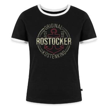 Original Rostocker Küstenkind Hansestadt Moin - Frauen Kontrast-T-Shirt - Schwarz/Weiß - Vorne - Selfina (174cm)