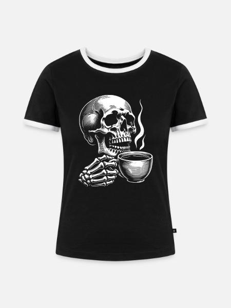 Skull mit Kaffeebecher Kaffee - Frauen Kontrast-T-Shirt - Schwarz/Weiß