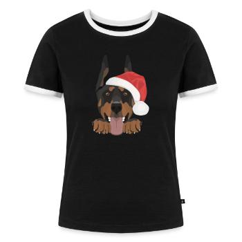 Dobermann Frohe Weihnachten - Frauen Kontrast-T-Shirt - Schwarz/Weiß - Vorne - Selfina (174cm)