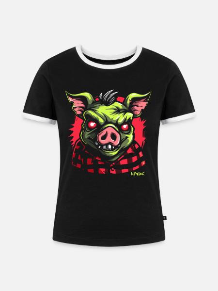 Böses grünes Schwein - Frauen Kontrast-T-Shirt - Schwarz/Weiß
