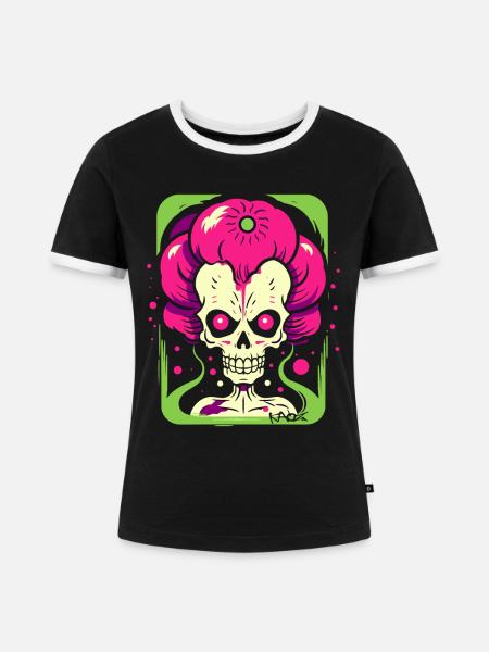 Bunter Pop-Art-Skelett-Zombie-Schädel - Frauen Kontrast-T-Shirt - Schwarz/Weiß