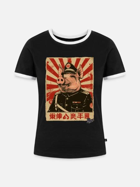 Propaganda-Stil Schwein - Frauen Kontrast-T-Shirt - Schwarz/Weiß