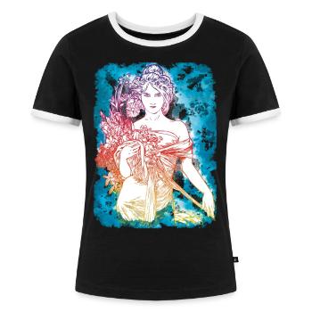 Alfons Mucha - Frauen Kontrast-T-Shirt - Schwarz/Weiß - Vorne - Selfina (174cm)