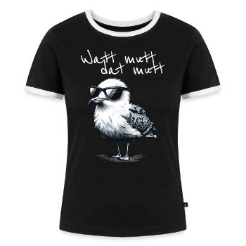 Watt mutt dat mutt Coole Möwe Nordsee Spruch - Frauen Kontrast-T-Shirt - Schwarz/Weiß - Vorne - Selfina (174cm)