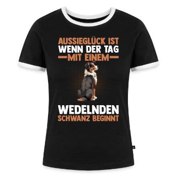 Australian Shepherd Hund Aussie - Frauen Kontrast-T-Shirt - Schwarz/Weiß - Vorne - Selfina (174cm)