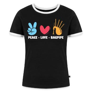 Peace - Love - Bagpipe - Bagpiper - Frauen Kontrast-T-Shirt - Schwarz/Weiß - Vorne - Selfina (174cm)