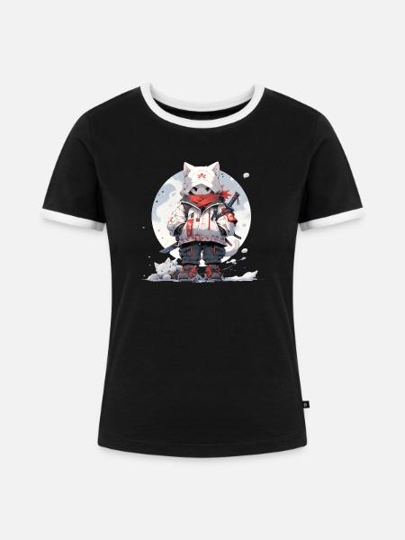 Cute samurai cat - Frauen Kontrast-T-Shirt - Schwarz/Weiß