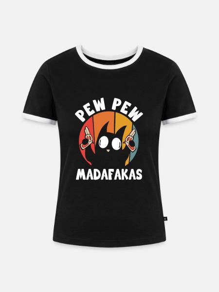 Pew Pew Funny Cat - Frauen Kontrast-T-Shirt - Schwarz/Weiß