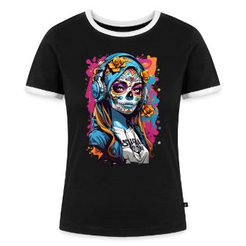 Totenkopfmädchen mit Kopfhörern - Frauen Kontrast-T-Shirt - Schwarz/Weiß - Vorne - Selfina (174cm)