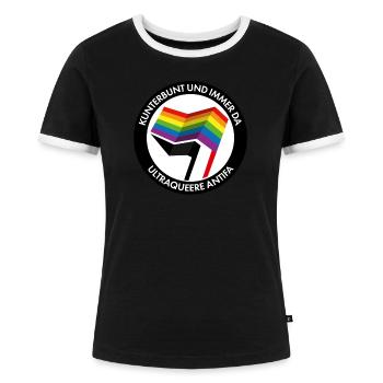 Kunterbunt und immer da – Ultraqueere Antifa - Frauen Kontrast-T-Shirt - Schwarz/Weiß - Vorne - Selfina (174cm)