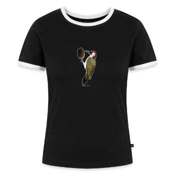 Grünspecht kommt nach Hause Vogel Zeichnung - Frauen Kontrast-T-Shirt - Schwarz/Weiß - Vorne - Selfina (174cm)