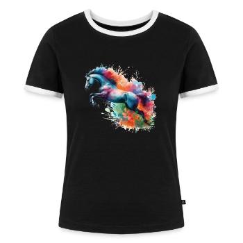 Springpferd Silhouette aquarell - Frauen Kontrast-T-Shirt - Schwarz/Weiß - Vorne - Selfina (174cm)