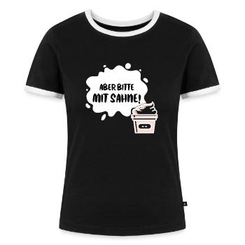 "Aber bitte mit Sahne!" - Udo Jürgens Geschenk - Frauen Kontrast-T-Shirt - Schwarz/Weiß - Vorne - Selfina (174cm)