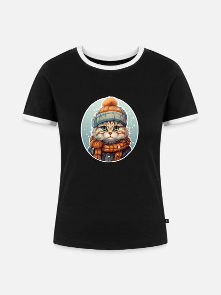 Katze im Winter - Frauen Kontrast-T-Shirt - Schwarz/Weiß