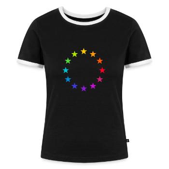 Europa EU Farbige Bunte Sterne Regenbogen Zeichen - Frauen Kontrast-T-Shirt - Schwarz/Weiß - Vorne - Selfina (174cm)
