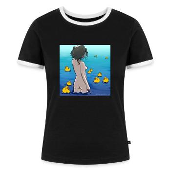 Nackte Frau im Wasser mit Gummienten - Frauen Kontrast-T-Shirt - Schwarz/Weiß - Vorne - Selfina (174cm)