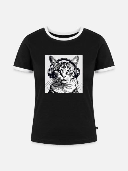 Mietzekatze mag Musik - Frauen Kontrast-T-Shirt - Schwarz/Weiß