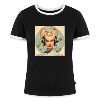 Retro-Porträt einer futuristischen Frau der 50er J - Frauen Kontrast-T-Shirt - Schwarz/Weiß - Vorne - Selfina (174cm)
