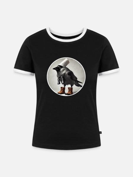 Dohle mit Fernglas - Frauen Kontrast-T-Shirt - Schwarz/Weiß