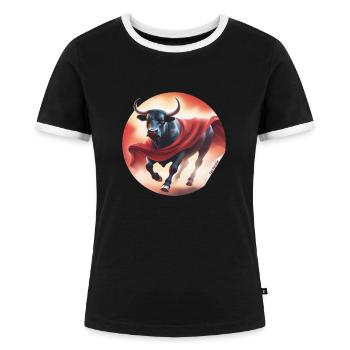 Stier mit rotem Tuch, Stierkampf, San Fermín - Frauen Kontrast-T-Shirt - Schwarz/Weiß - Vorne - Selfina (174cm)