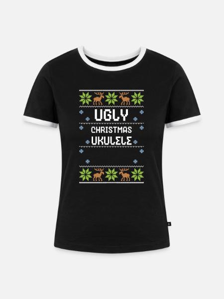 Ugly Christmas Ukulele - Frauen Kontrast-T-Shirt - Schwarz/Weiß