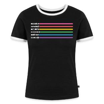 LGBT CSD Gay Pride Regenbogen Lichtschwert - Frauen Kontrast-T-Shirt - Schwarz/Weiß - Vorne - Selfina (174cm)
