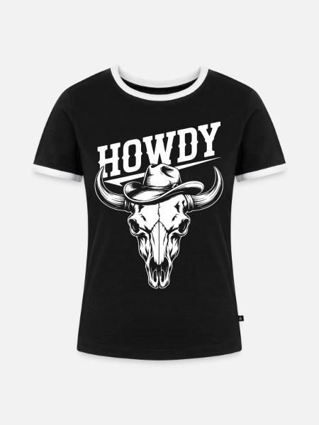 Line Dance Howdy Western Büffelschädel - Frauen Kontrast-T-Shirt - Schwarz/Weiß