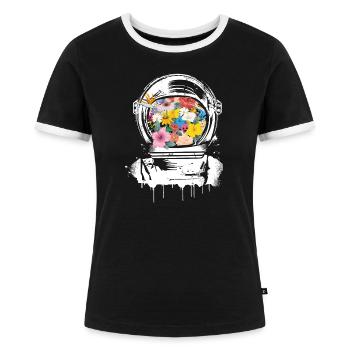 Astronautenhelm gefüllt mit bunten Blumen - Frauen Kontrast-T-Shirt - Schwarz/Weiß - Vorne - Selfina (174cm)