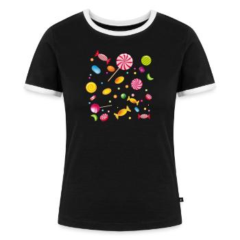 Eine Menge Süßigkeiten,Bonbons,Lollis und Kaugummi - Frauen Kontrast-T-Shirt - Schwarz/Weiß - Vorne - Selfina (174cm)