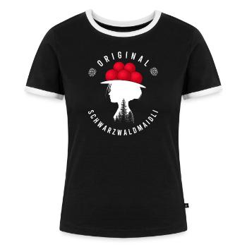 Original Schwarzwaldmädel Bollenhut Schwarzwald - Frauen Kontrast-T-Shirt - Schwarz/Weiß - Vorne - Selfina (174cm)