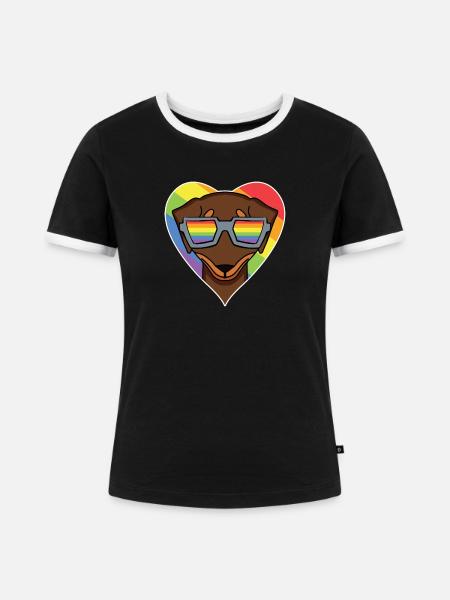 Regenbogen - Hund mit Brille - Dackel - Frauen Kontrast-T-Shirt - Schwarz/Weiß