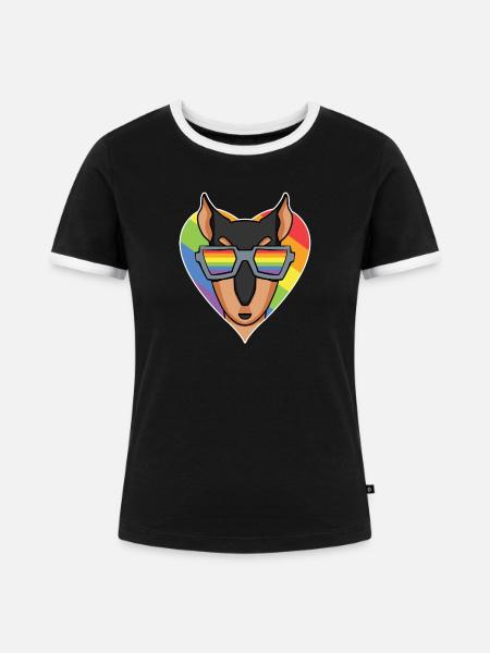 Regenbogen - Hund mit Brille - Dobermann - Frauen Kontrast-T-Shirt - Schwarz/Weiß