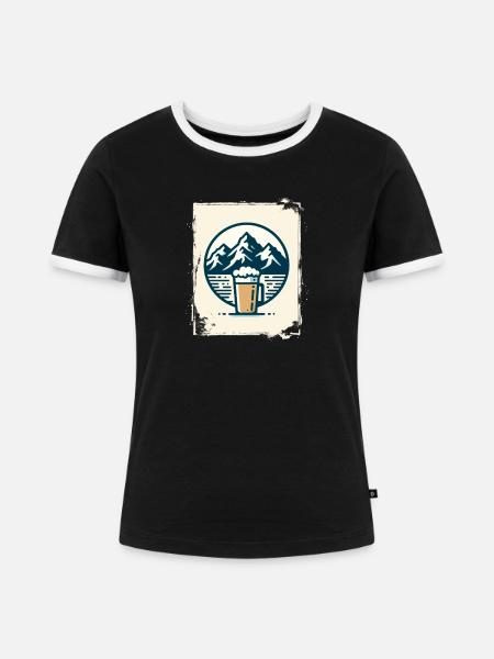 Bergsee mit Berghütte und Kaffee - Frauen Kontrast-T-Shirt - Schwarz/Weiß