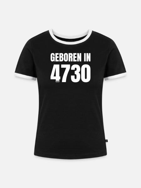 Design 18 – Geboren in 4730 - Frauen Kontrast-T-Shirt - Schwarz/Weiß