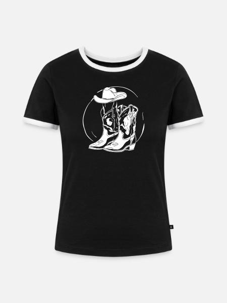 Western Lineart Boots Hut - Frauen Kontrast-T-Shirt - Schwarz/Weiß