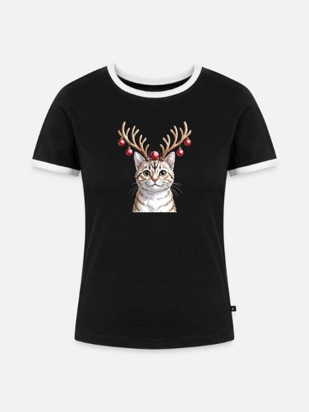 Kätzchen Mit Rentiergeweih Und Weihnachtskugeln - Frauen Kontrast-T-Shirt - Schwarz/Weiß