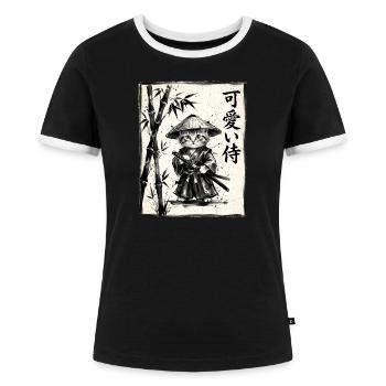 Samurai Katze Sumi-e Tuschezeichnung - Frauen Kontrast-T-Shirt - Schwarz/Weiß - Vorne - Selfina (174cm)